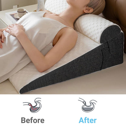 Woman lying on a wedge-shaped pillow with 'Before' and 'After' icons at the bottom.