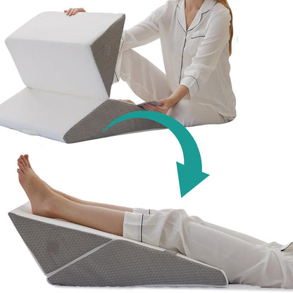Woman using a wedge-shaped pillow with a green arrow indicating transformation from sitting to lying down.