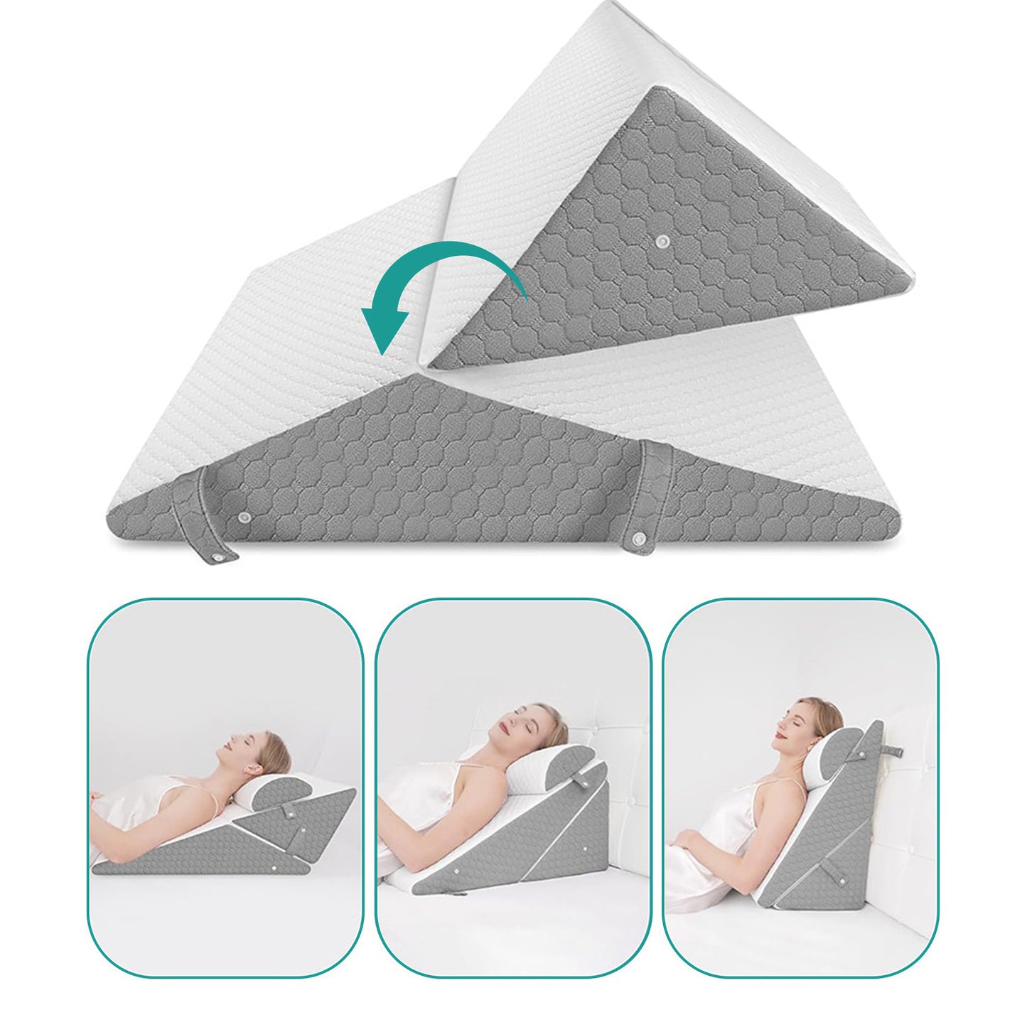 Triangular wedge pillow with adjustable headrest feature, shown in three positions.