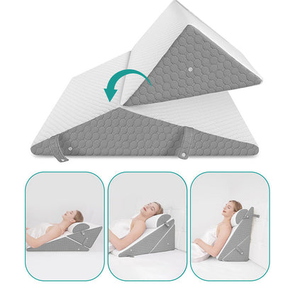 Triangular wedge pillow with adjustable headrest feature, shown in three positions.