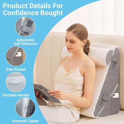 Woman using a travel pillow with product features highlighted on a blue background