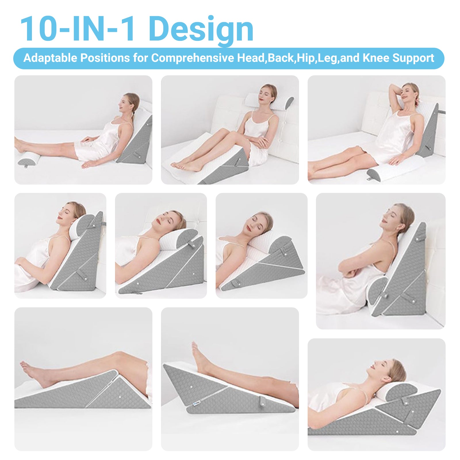 Collage of a wedge-shaped support product in various positions with text indicating '10-IN-1 Design' and 'Adaptable Positions for Comprehensive Head, Back, Hip, Leg, and Knee Support'.