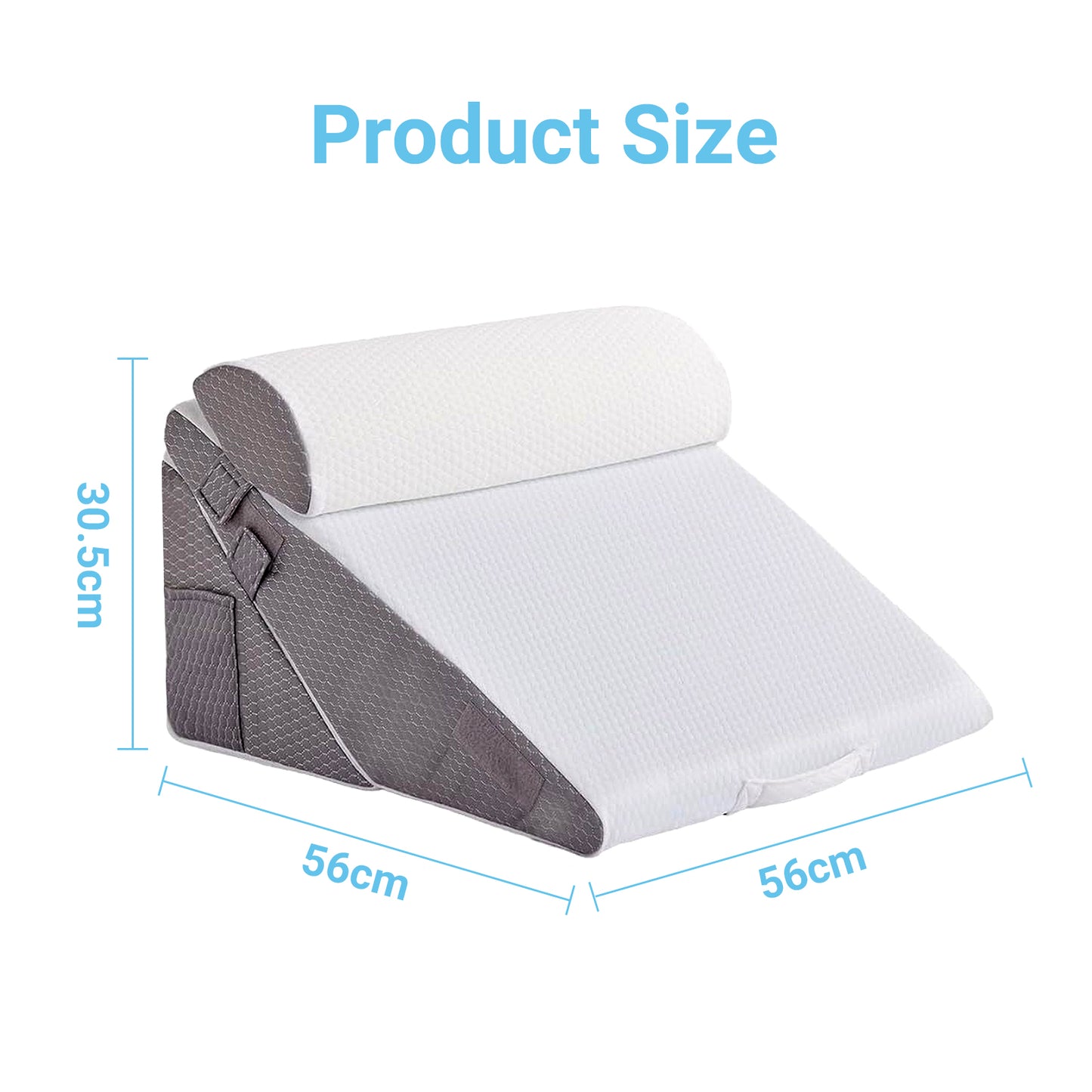 Gray and white wedge pillow with measurements on a white background