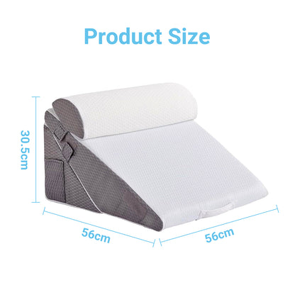 Gray and white wedge pillow with measurements on a white background