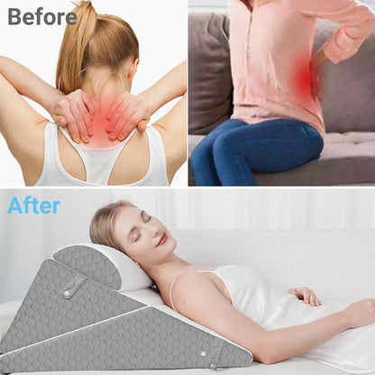Before and after comparison of a woman using a wedge pillow for back and neck pain relief.