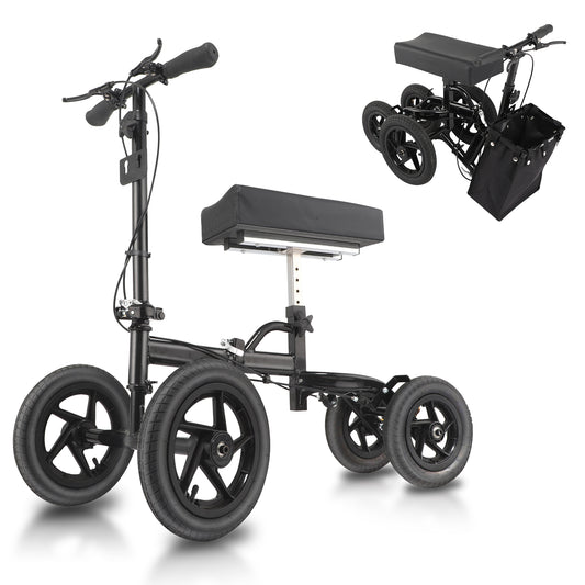 Altus Knee Scooter with 12-inch front wheel, 10-inch rear wheel, 158kg weight capacity, dimensions, and specifications."