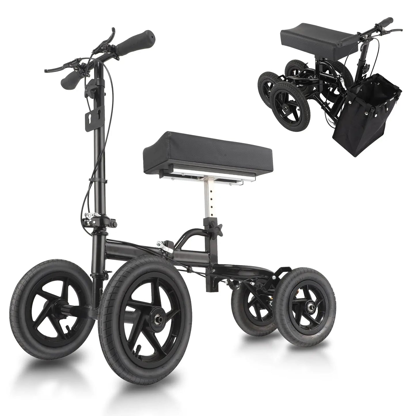 "Altus 12-inch Wheel Knee Walker Scooter with black frame, adjustable knee pad, and foldable design."