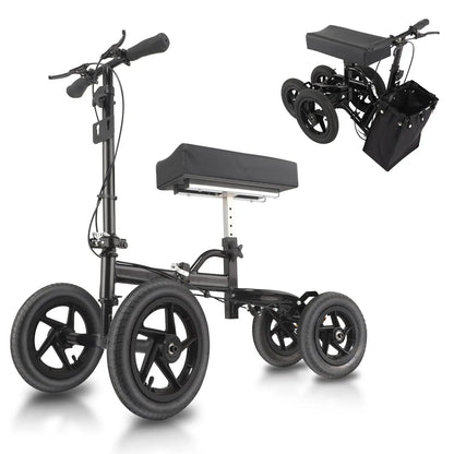 "Altus 12-inch Wheel Knee Walker Scooter with black frame, adjustable knee pad, and foldable design."