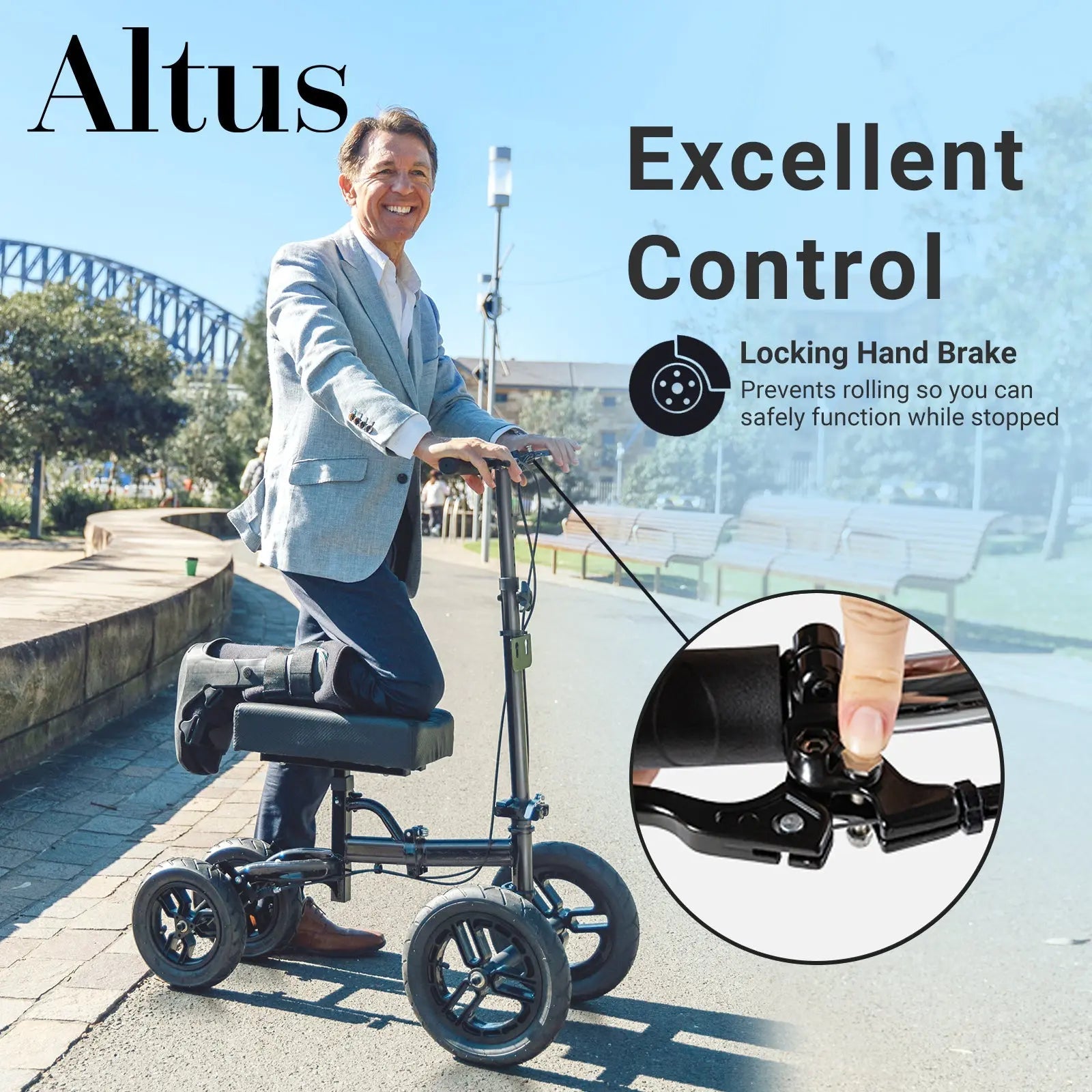 "Man riding the Altus Knee Scooter outdoors, demonstrating excellent control with the locking hand brake."