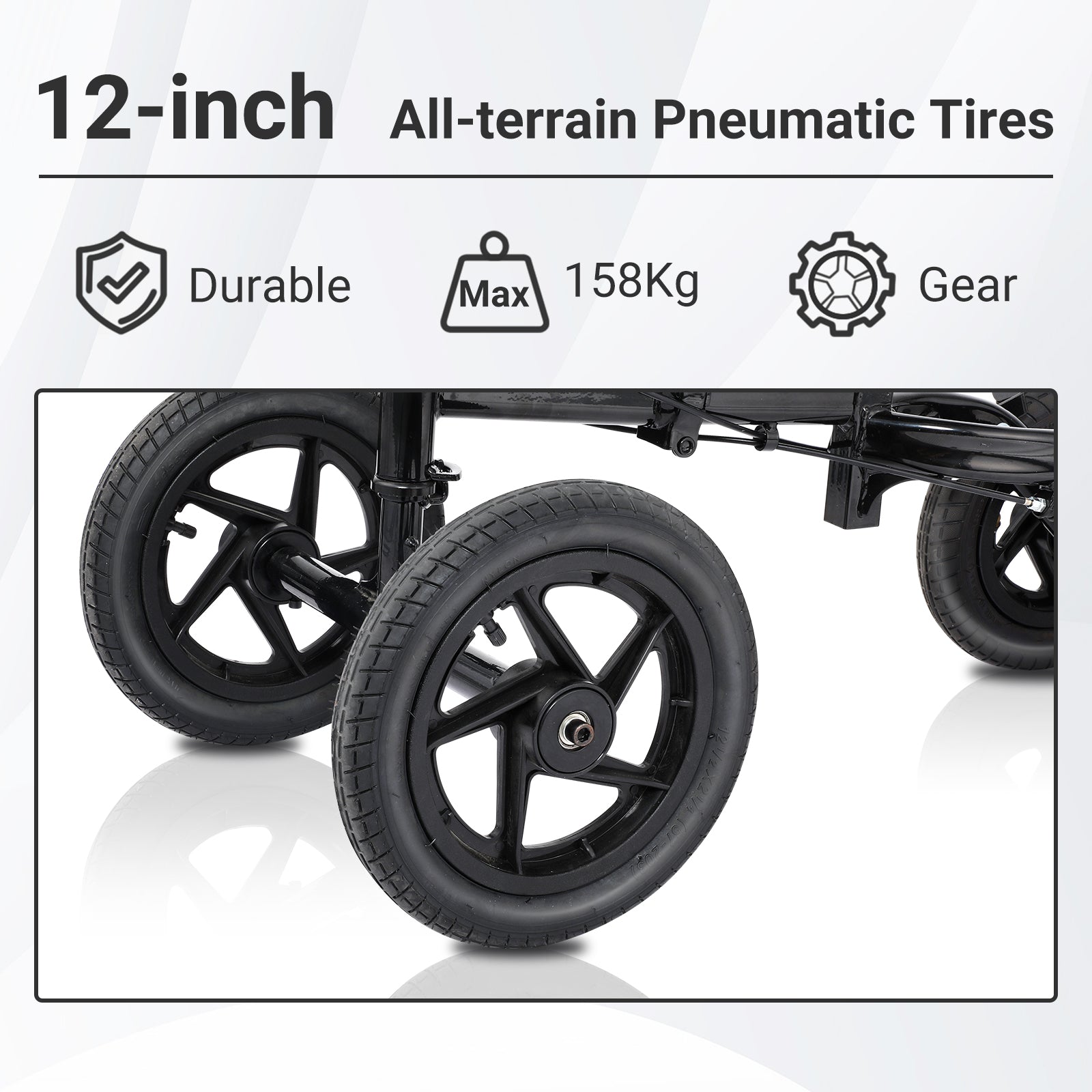 "Close-up of the Altus Knee Scooter's durable 12-inch all-terrain pneumatic tires and 158kg weight capacity."