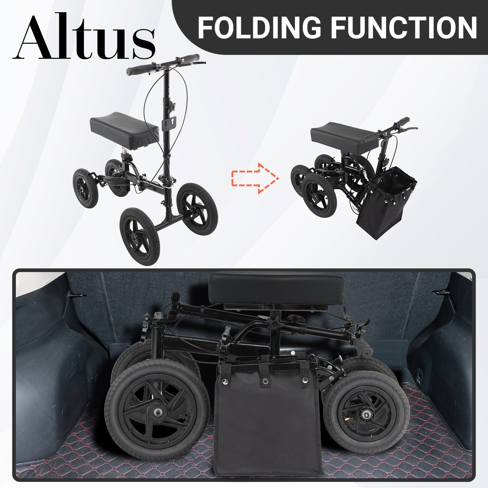 "Altus Knee Scooter showing foldable function for easy storage and transport, fitting into a car trunk."