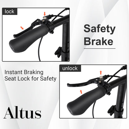 "Close-up of the Altus Knee Scooter's safety brake and instant braking seat lock for enhanced safety."