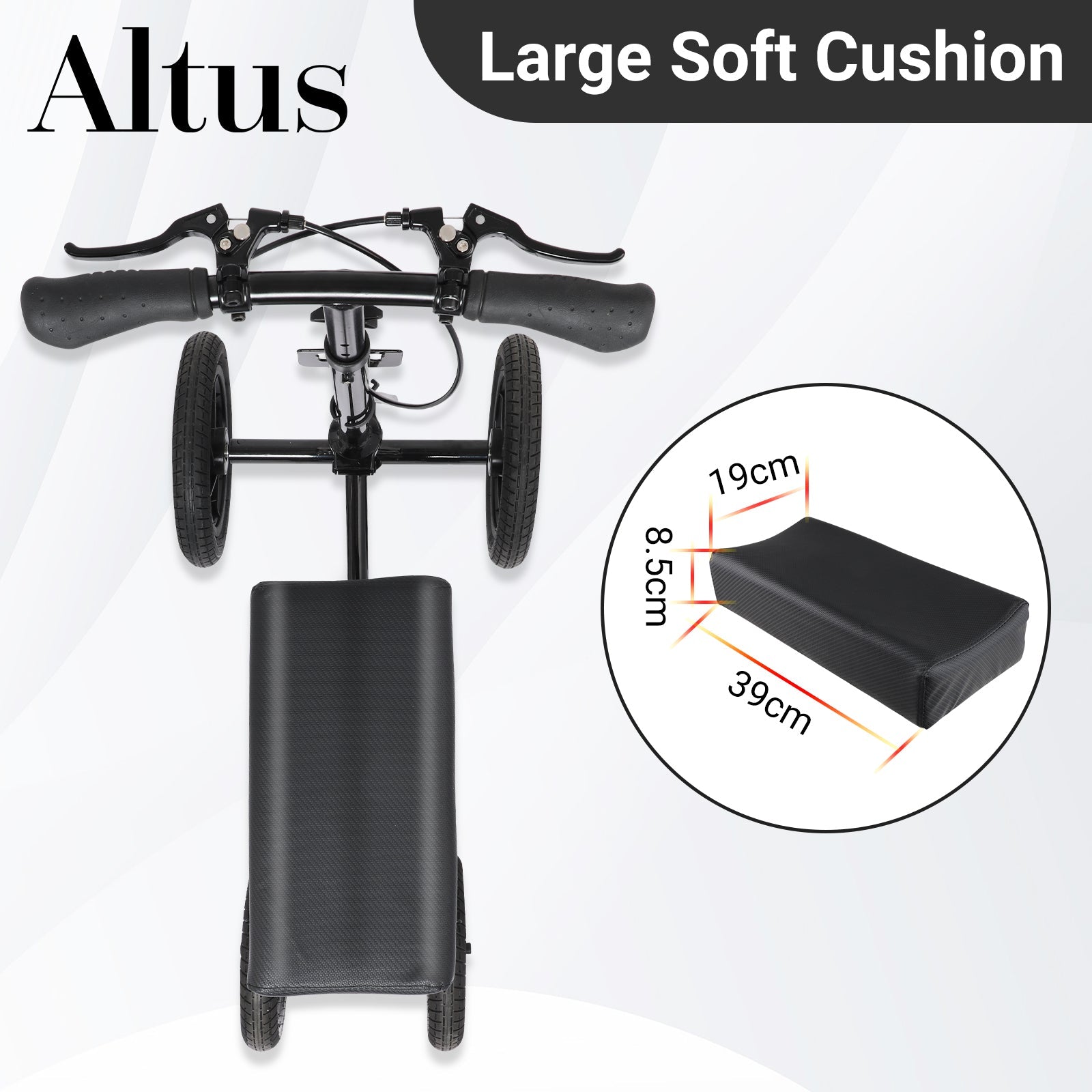 "Top view of the Altus Knee Scooter featuring a large, soft knee pad for maximum comfort."