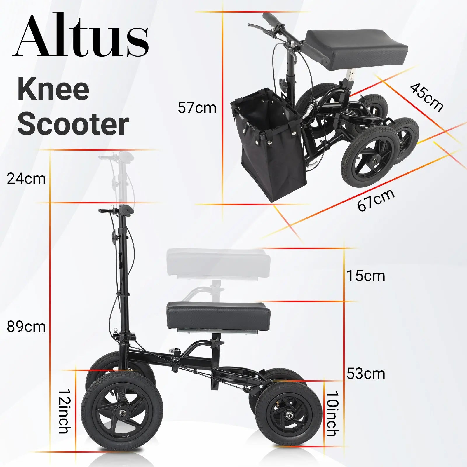 Altus 12-inch Wheel Scooter for Larger Users Adjustable Height Foldable All-terrain Pneumatic Tires myaltus