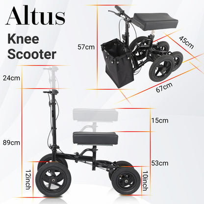 "Detailed dimensions of the Altus Knee Scooter, including height, length, and wheel size."