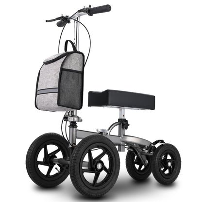 Altus 12-inch wheel knee walker in silver with storage bag and ergonomic pad, ideal for foot, ankle, or lower leg injuries