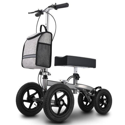 Altus 12-inch wheel knee walker in silver with storage bag and ergonomic pad, ideal for foot, ankle, or lower leg injuries