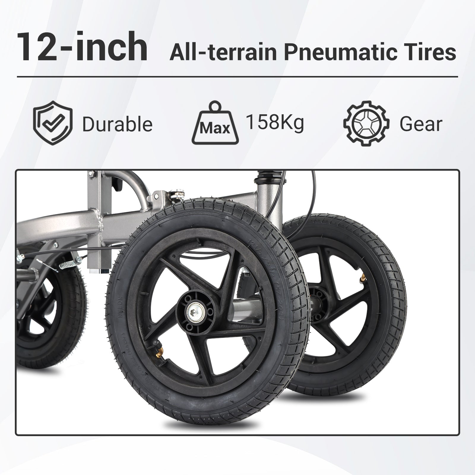 Durable 12-inch all-terrain pneumatic tires on Altus knee walker, built for outdoor surfaces and smooth rides