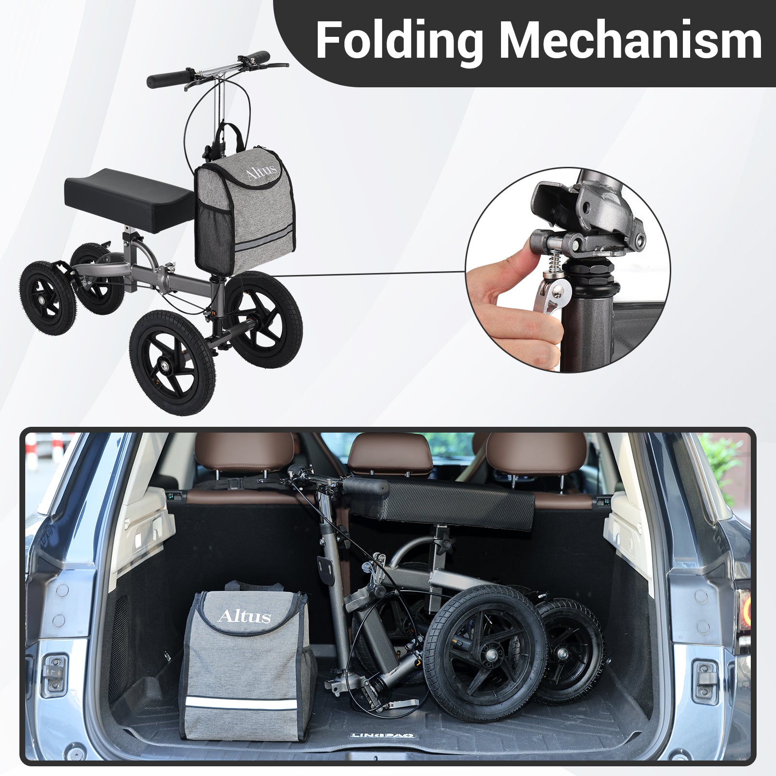 Foldable Altus knee scooter with compact design, shown stored in a car boot for easy transport and travel convenience