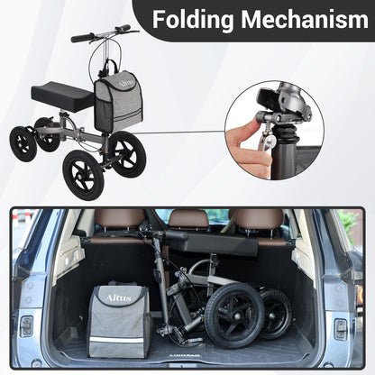 Foldable Altus knee scooter with compact design, shown stored in a car boot for easy transport and travel convenience