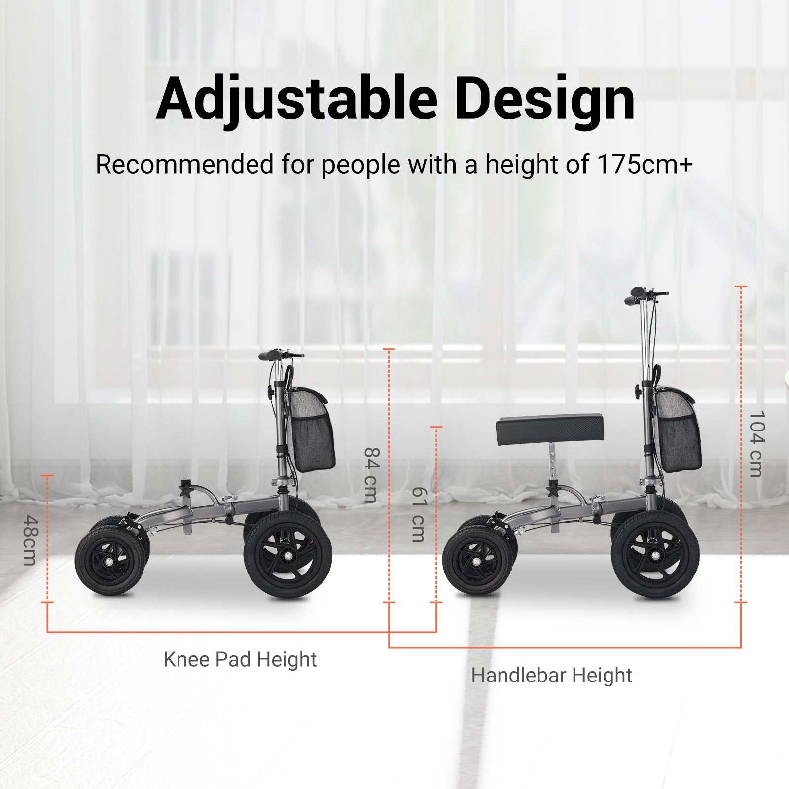 Altus 12-inch knee walker with adjustable design, recommended for users taller than 175cm, customizable fit for comfort and posture