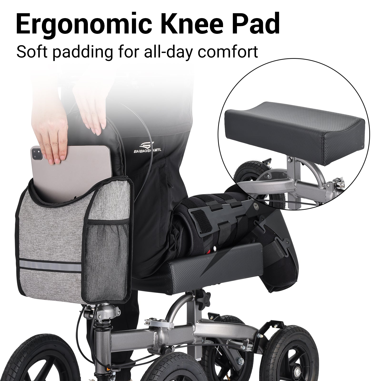 Soft ergonomic knee pad on Altus Knee Scooter for all-day comfort, designed for leg injuries and post-surgery mobility support
