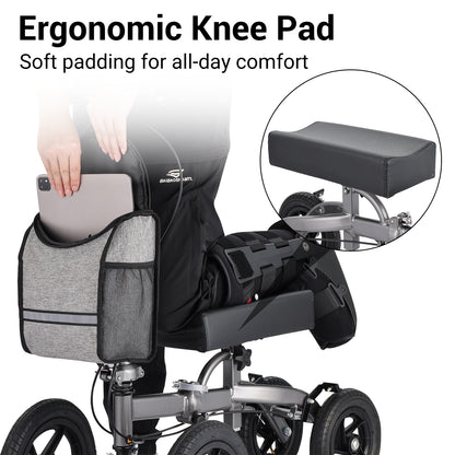 Soft ergonomic knee pad on Altus Knee Scooter for all-day comfort, designed for leg injuries and post-surgery mobility support