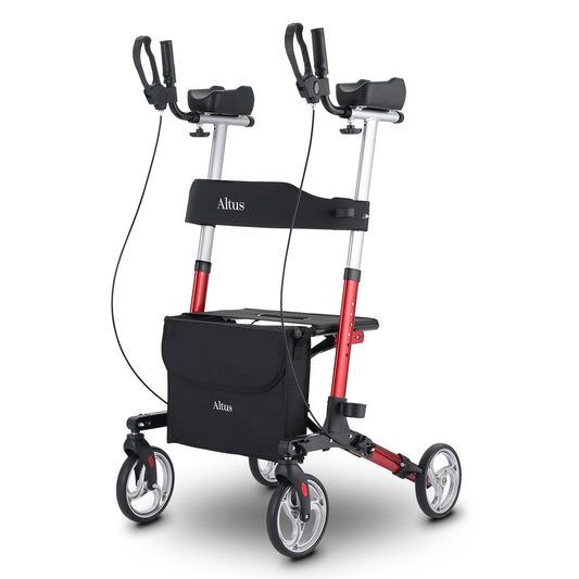 Rollator with black seat and red accents on a white background