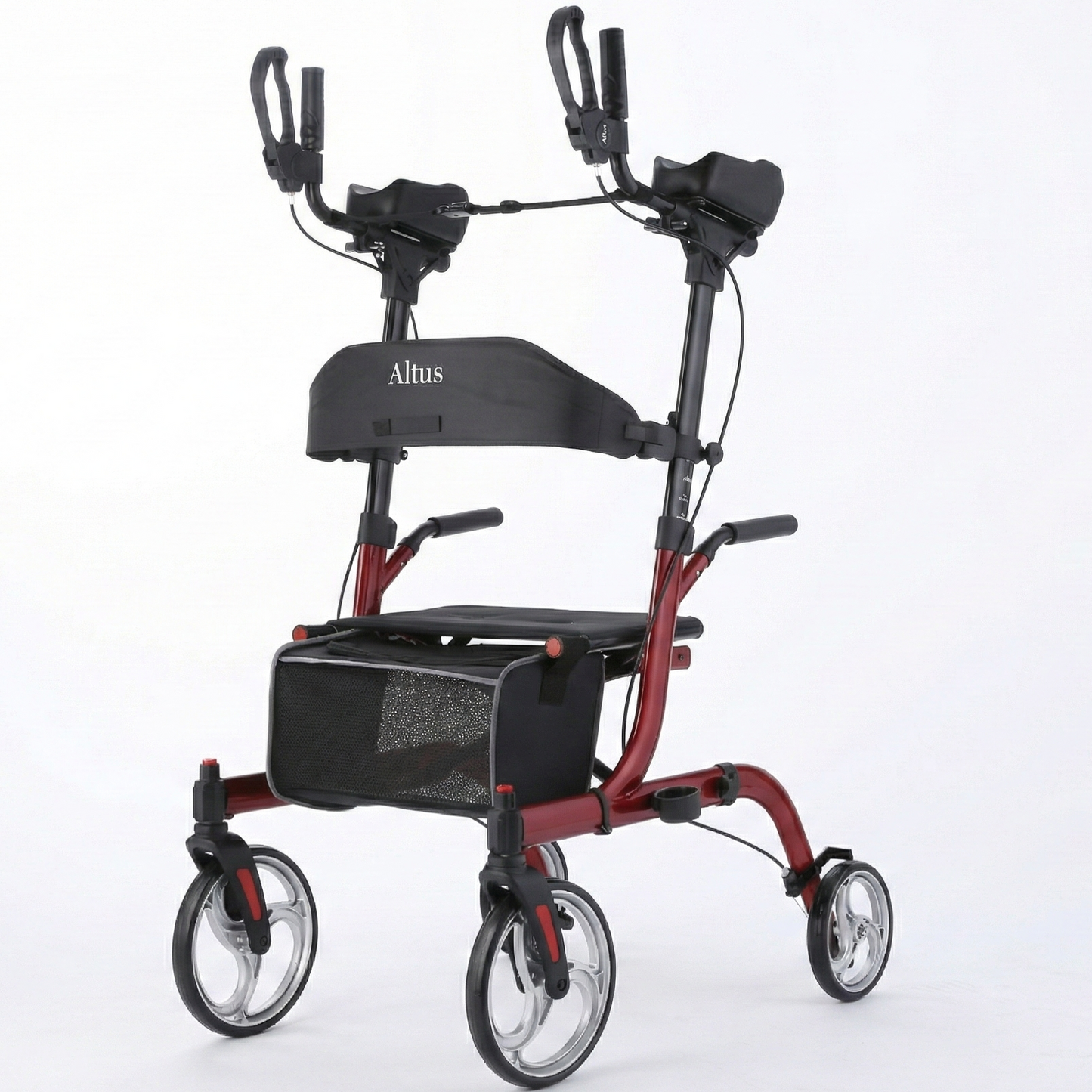 Red and black Altus rollator on a white background