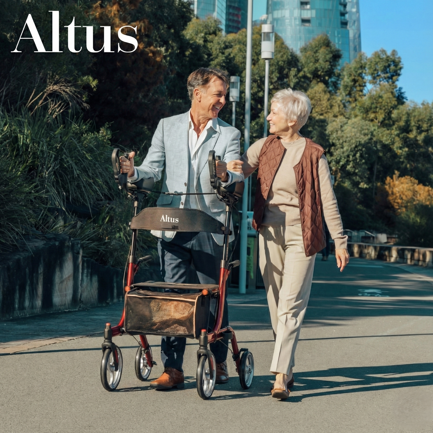 Two elderly individuals walking with a walker, with 'Altus' branding visible.