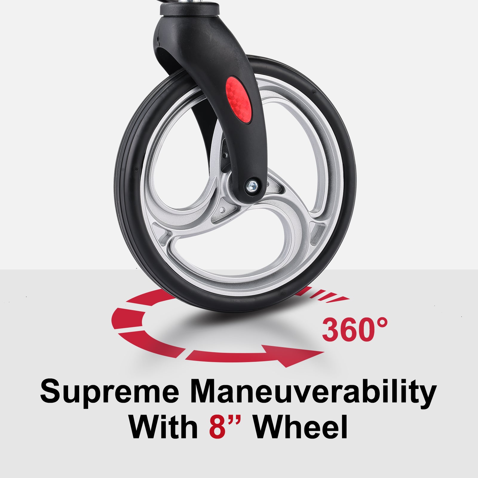 8-inch wheel with 360-degree maneuverability on a gray background