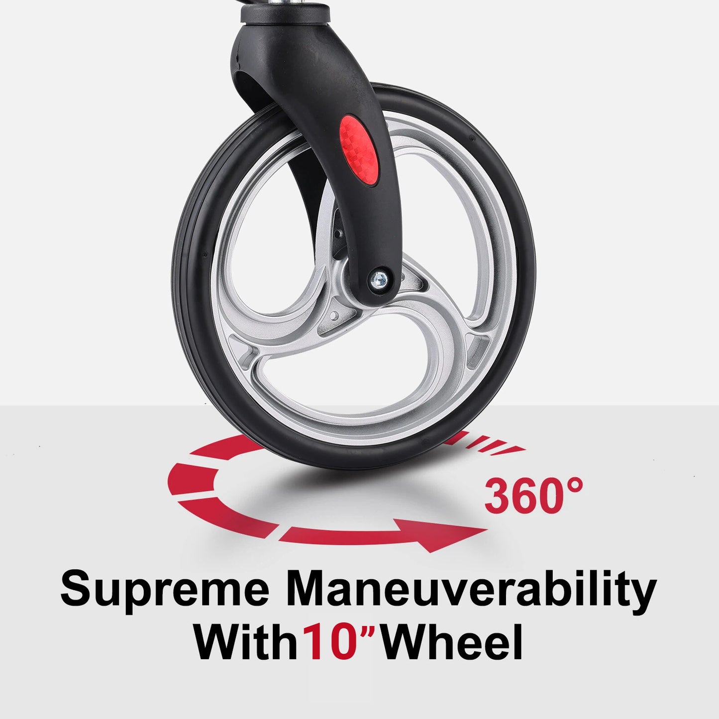 10-inch wheel with 360-degree maneuverability on a gray background