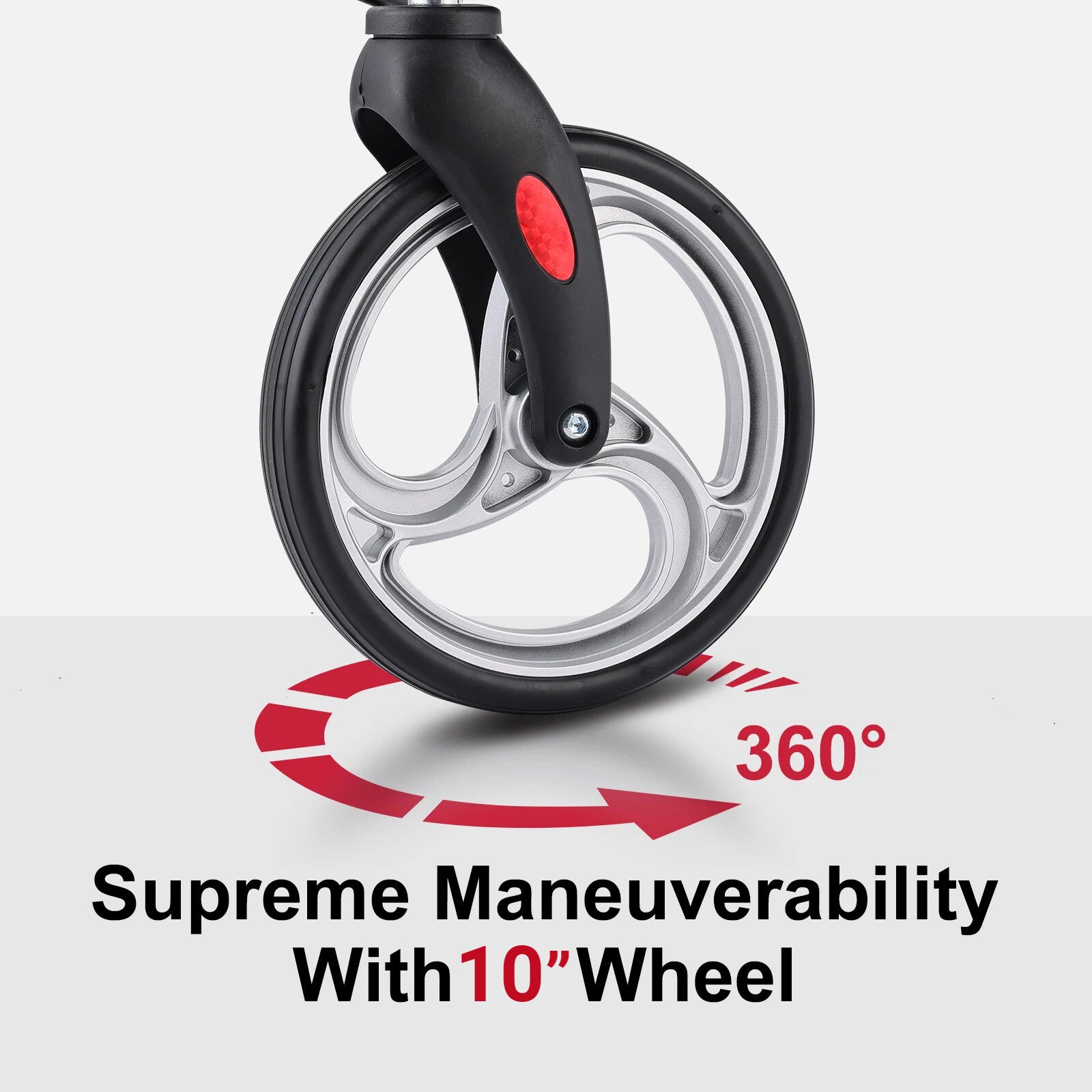10-inch wheel with 360-degree maneuverability on a gray background