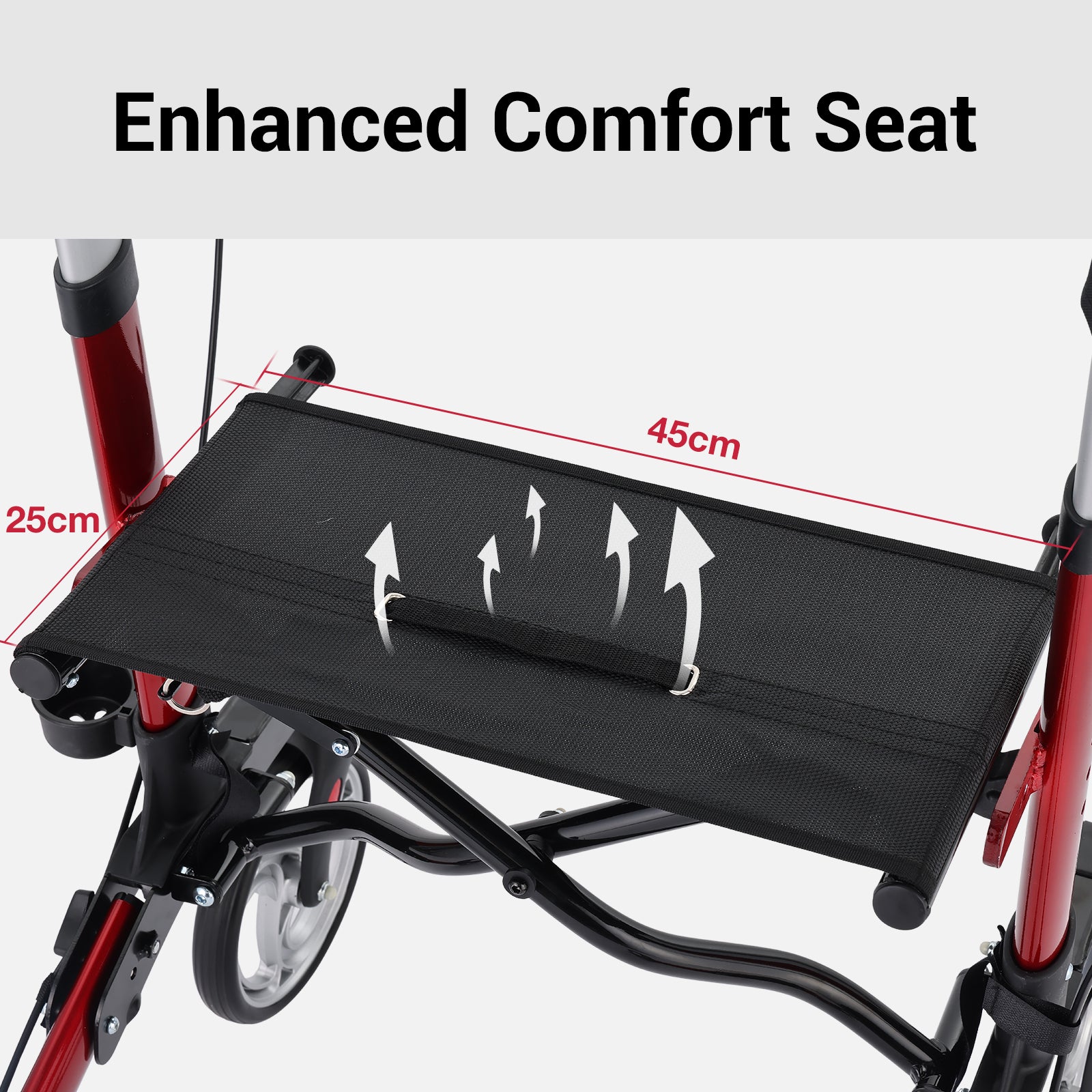 Wheelchair with an enhanced comfort seat and measurements on a white background