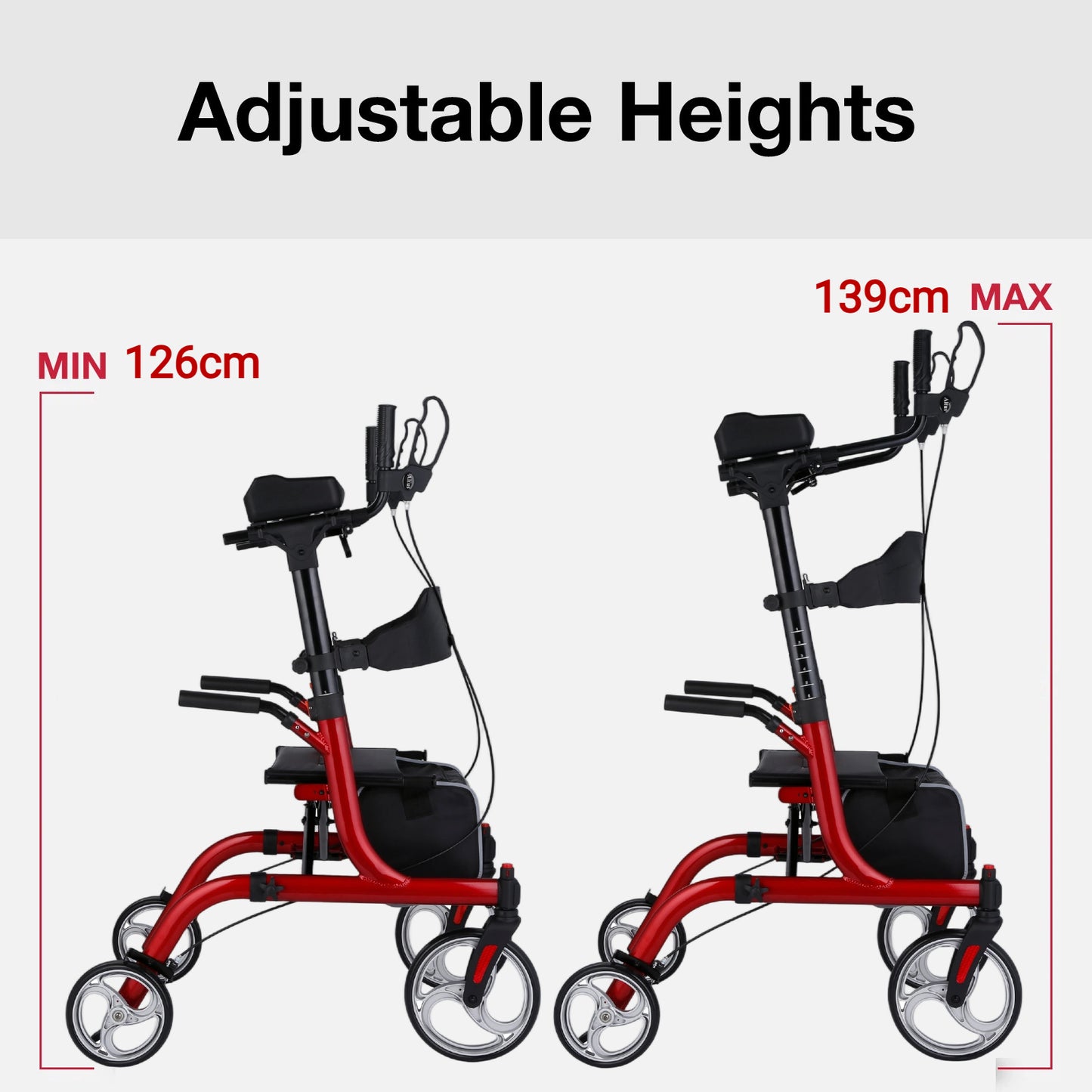 Two red mobility scooters with adjustable height labels on a white background