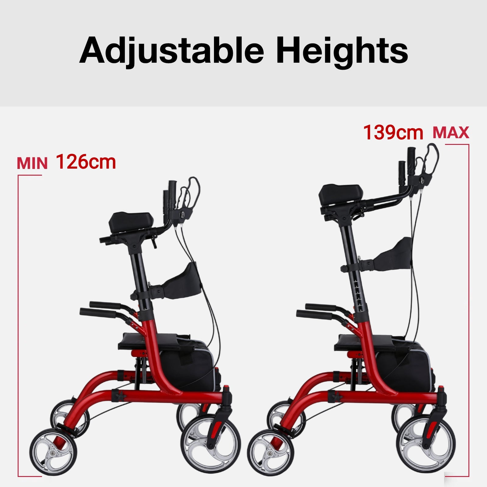 Two red mobility scooters with adjustable height labels on a white background