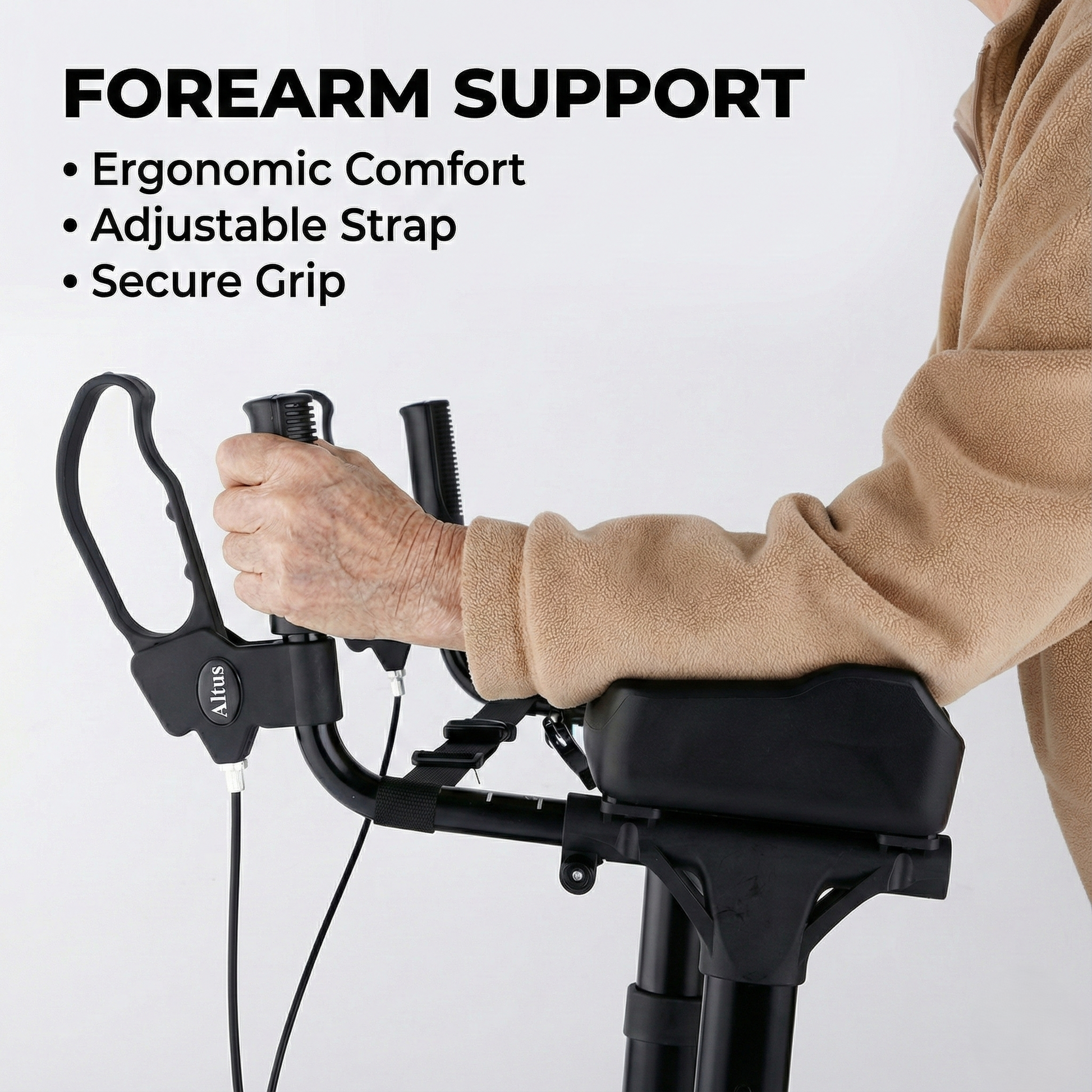 Person using a bike with forearm support, highlighting ergonomic comfort, adjustable strap, and secure grip.