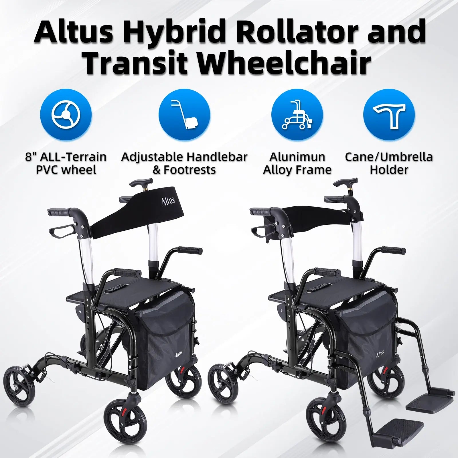 Altus Hybrid Duo 2-in-1 Mobility Rollator and Transit Wheelchair Combo ...