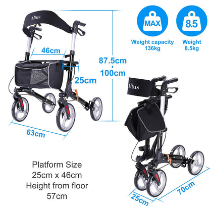 Altus Walker Deluxe Folding Rollator with Seat Aluminum Black myaltus