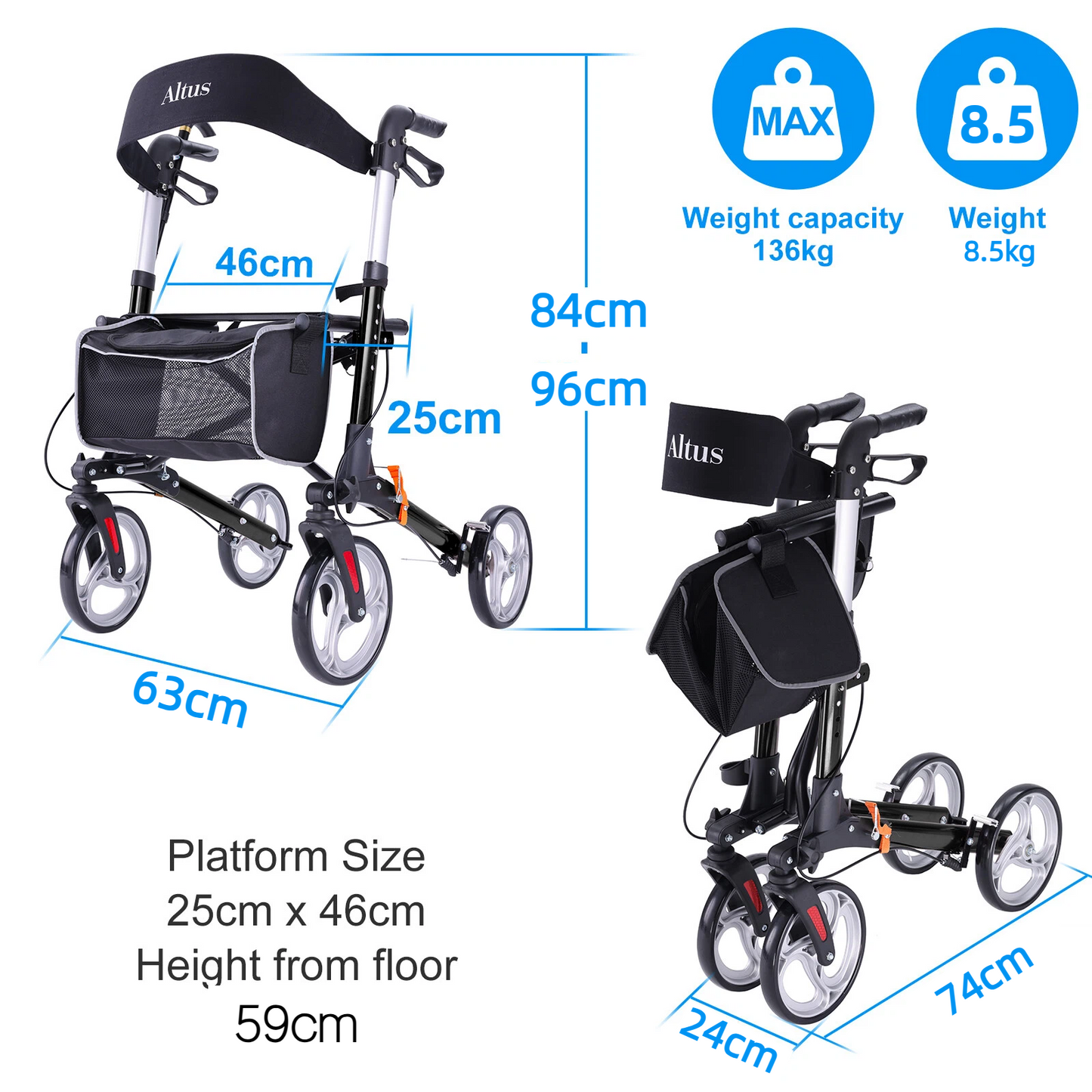 Black rollator with measurements and specifications on a white background