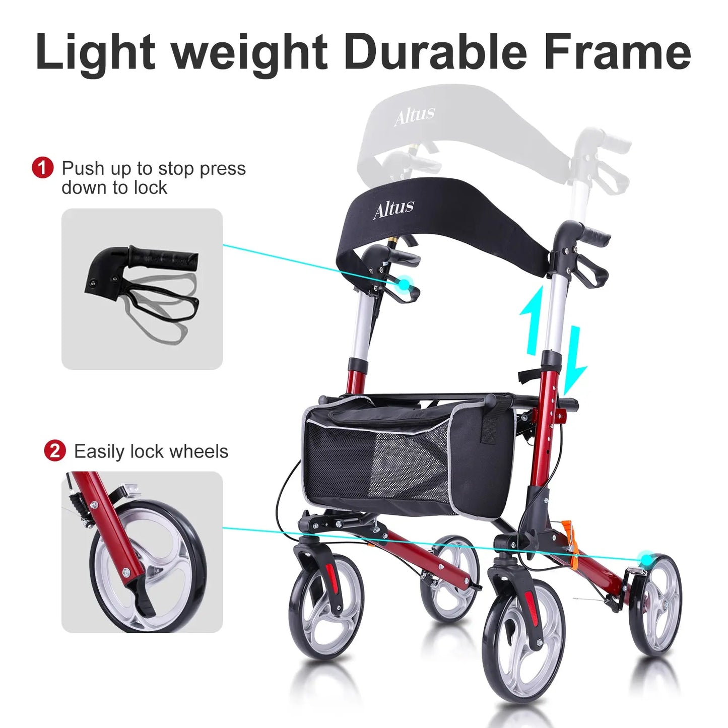 Close-up on the unique features of the Altus rollator, highlighting its ergonomic handle grips and user-friendly brake system designed for optimal safety and comfort.