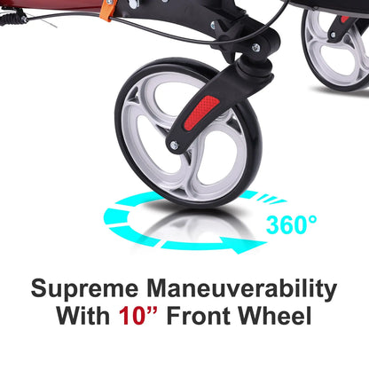 Detail of the large, sturdy 10-inch wheels on the Altus rollator, designed for enhanced maneuverability and stability across both indoor and outdoor surfaces.