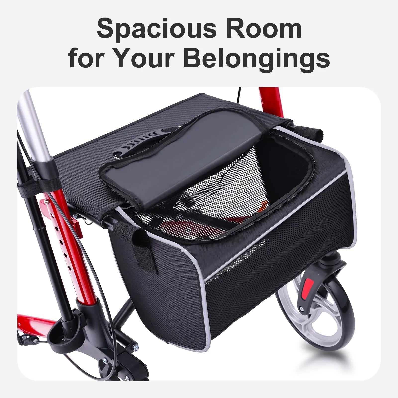 Illustrates the rollator’s under-seat storage bag, highlighting its capacity and easy-access design, ideal for personal belongings and shopping essentials.