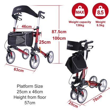 Altus Walker Deluxe Folding Rollator with Seat Aluminum Red myaltus