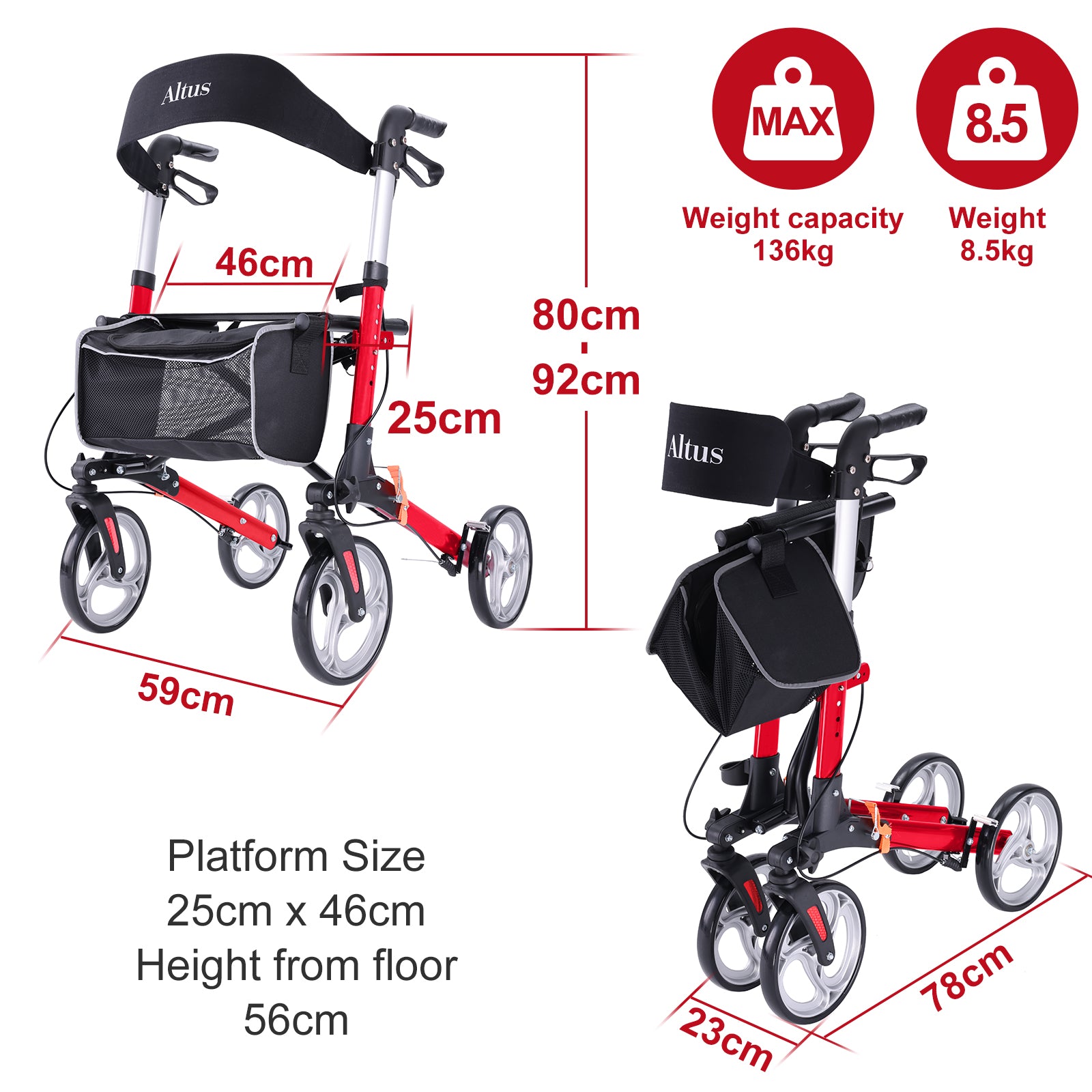 Red and black Altus rollator with measurements and specifications on a white background