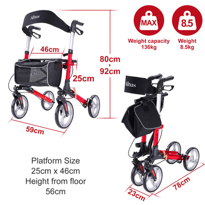 Red and black Altus rollator with measurements and specifications on a white background