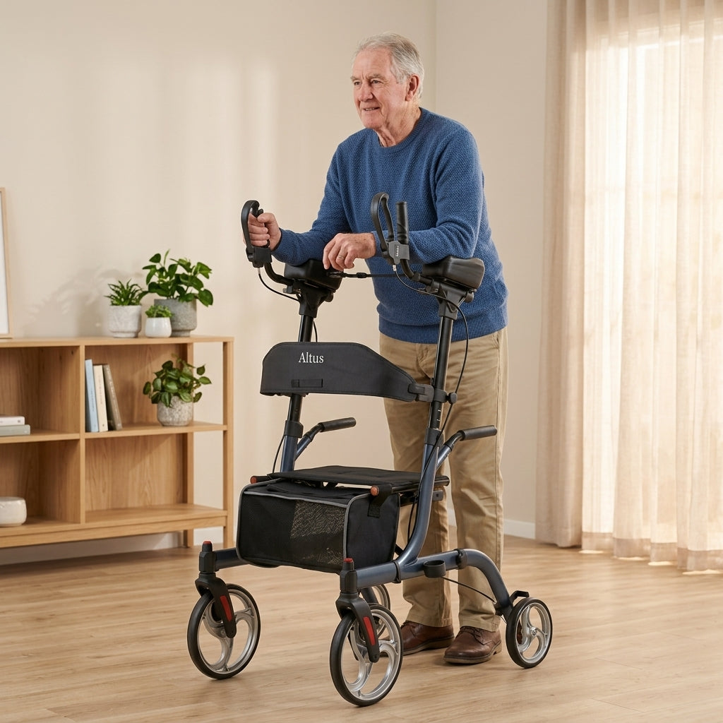 Altus Premium Upright Forearm Rollator Walker with Seat - Midnight Blue