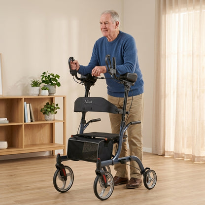 Altus Premium Upright Forearm Rollator Walker with Seat - Midnight Blue