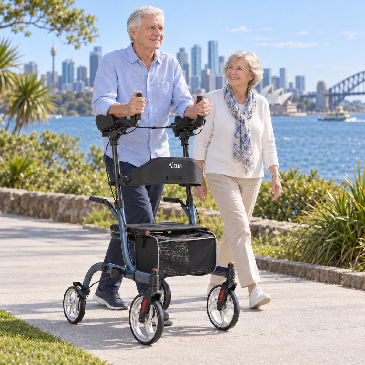 Altus Premium Upright Forearm Rollator Walker with Seat - Midnight Blue