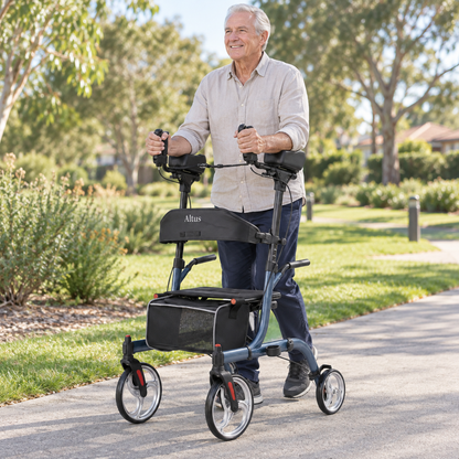 Altus Premium Upright Forearm Rollator Walker with Seat - Midnight Blue
